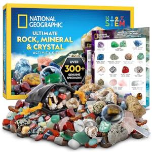 NATIONAL GEOGRAPHIC Rock Collection Box for Kids – 200+ Piece Gemstones and Crystals Set Includes Geodes and Real Fossils, Rocks and Minerals Science Kit for Kids, A Geology Gift for Boys and Girls