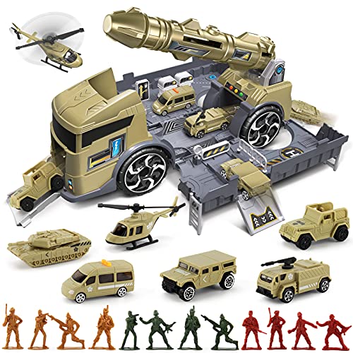 Military Truck Army Toy Soldier Men Set in Carrier Truck Transport Vehicle with Rocket Mini Battle Car Play Set for Aged 3 4 5 6 7 Kids Children Toddlers