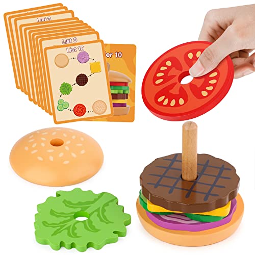 Aizweb Montessori Toys for 3 Year Old - Wooden Burger Stacking Toys for Toddlers and Kids Preschool, Educational Toys, Fine Motor Skill Toy, Blocks for Toddlers, Learning Toys Gift