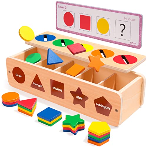 Wooden Shape & Color Sorting Toy with Storage Box, 25 Non-Toxic Geometric Blocks, Montessori Toy Preschool Educational Learning Toy Gifts for 1 2 3 Year Old Baby Boy Girl Kids Child & Toddlers