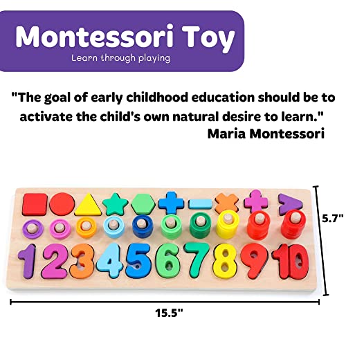 GeroCrew Wooden Montessori Toys for Kids Toddler Number Puzzles Sorter Counting Shape Stacker Stacking Game Preschool Toys for Boy Girl Learning Education Math Blocks 1 Year Old Girl Gifts (Rainbow)