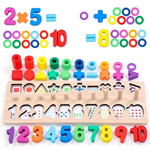 GeroCrew Wooden Montessori Toys for Kids Toddler Number Puzzles Sorter Counting Shape Stacker Stacking Game Preschool Toys for Boy Girl Learning Education Math Blocks 1 Year Old Girl Gifts (Rainbow)