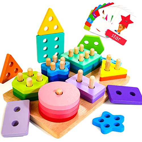 WOODMAM Montessori Toys for Toddlers 1 2 3 Year Old, Wooden Sorting & Stacking Toys with 24 pcs Geometric Blocks, Word Cards, Educational Learning Puzzles Toys Gift for Boys Girls Age 1 2 3