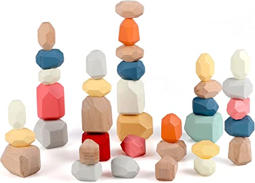 AAA777USA Montessori Stacking Wooden Rocks Balancing Stone Preschool Educational Sensory Toys for Toddlers 3 4 5 Year Boys and Girls – Building Block Set 36 pcs