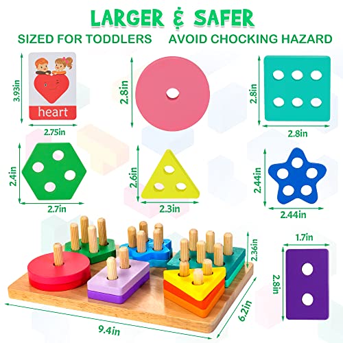 WOODMAM Montessori Toys for Toddlers 1 2 3 Year Old, Wooden Sorting & Stacking Toys with 24 pcs Geometric Blocks, Word Cards, Educational Learning Puzzles Toys Gift for Boys Girls Age 1 2 3