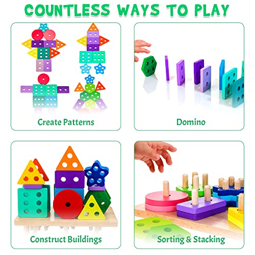 WOODMAM Montessori Toys for Toddlers 1 2 3 Year Old, Wooden Sorting & Stacking Toys with 24 pcs Geometric Blocks, Word Cards, Educational Learning Puzzles Toys Gift for Boys Girls Age 1 2 3
