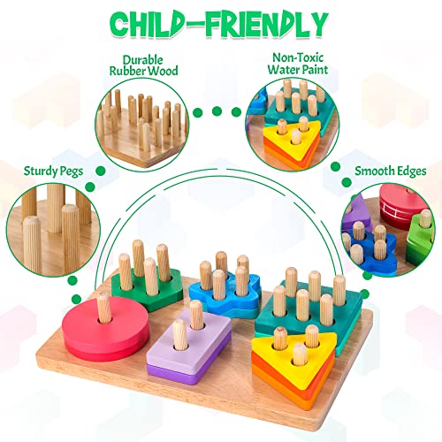 WOODMAM Montessori Toys for Toddlers 1 2 3 Year Old, Wooden Sorting & Stacking Toys with 24 pcs Geometric Blocks, Word Cards, Educational Learning Puzzles Toys Gift for Boys Girls Age 1 2 3