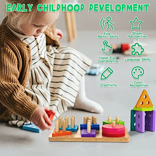 WOODMAM Montessori Toys for Toddlers 1 2 3 Year Old, Wooden Sorting & Stacking Toys with 24 pcs Geometric Blocks, Word Cards, Educational Learning Puzzles Toys Gift for Boys Girls Age 1 2 3