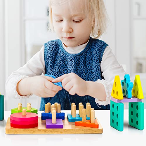 WOODMAM Montessori Toys for Toddlers 1 2 3 Year Old, Wooden Sorting & Stacking Toys with 24 pcs Geometric Blocks, Word Cards, Educational Learning Puzzles Toys Gift for Boys Girls Age 1 2 3