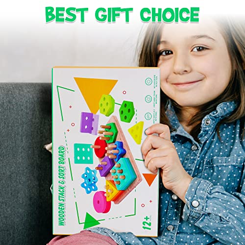 WOODMAM Montessori Toys for Toddlers 1 2 3 Year Old, Wooden Sorting & Stacking Toys with 24 pcs Geometric Blocks, Word Cards, Educational Learning Puzzles Toys Gift for Boys Girls Age 1 2 3