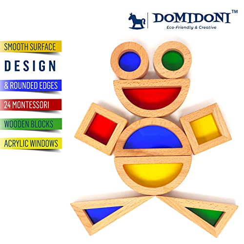 DomiDoni Wood Building Blocks Set - Montessori Toys Wooden Stacking Blocks for Toddlers Baby Boys and Girls - Preschool Shape Sorting and Stacking Wooden Toys Gifts for Kids