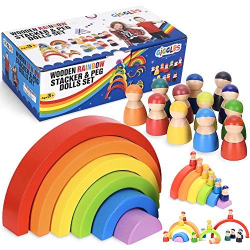 6-Block Wooden Rainbow Toy Set with Figures