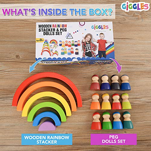 6-Block Wooden Rainbow Toy Set with Figures