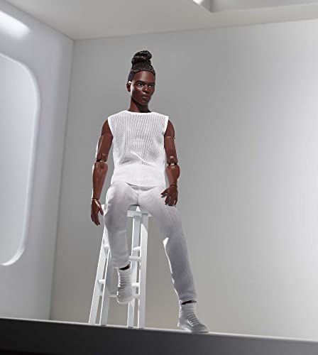 Barbie Signature Looks Ken Doll (Brunette with Braids & Bun Hairstyle) Fully Posable Fashion Doll Wearing White Shirt & Pants, Gift for Collectors