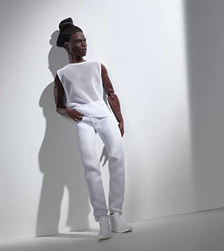 Barbie Signature Looks Ken Doll (Brunette with Braids & Bun Hairstyle) Fully Posable Fashion Doll Wearing White Shirt & Pants, Gift for Collectors