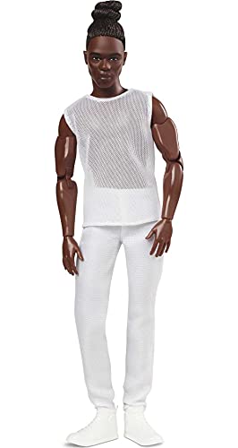 Barbie Signature Looks Ken Doll (Brunette with Braids & Bun Hairstyle) Fully Posable Fashion Doll Wearing White Shirt & Pants, Gift for Collectors