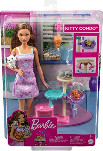 Barbie Kitty Condo Doll and Pets, Cat Tree Playset with 5 Kitten Figures & Accessories, Brunette Fashion Doll