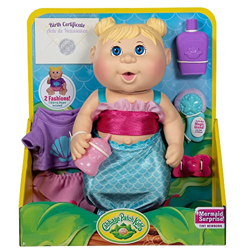 Cabbage Patch Kids Drink N Wet Newborn - Splash N Reveal Mermaid - 11inch Newborn Classic CPK Dolls - Sculpted Blonde Hair Magically Turns Pink – 2 Fashions – Grow Your Cabbage Patch