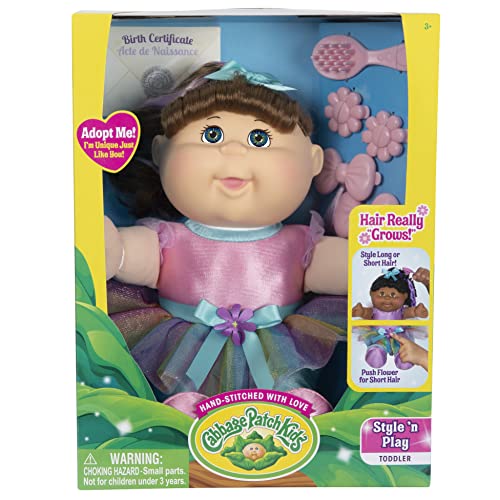 Cabbage Patch Kids Deluxe Toddler Style ‘N Play - 11-Inch CPK Doll - Hair Really Grows - Brunette, Hazel Eyes - Style Hair with Hairbrush, Barrettes, Hair Extensions - Grow Your Cabbage Patch