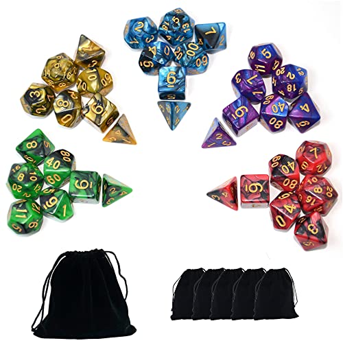 5 Sets of 7-Color Polyhedral Dice with Pouches