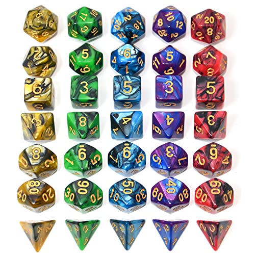 5 Sets of 7-Color Polyhedral Dice with Pouches