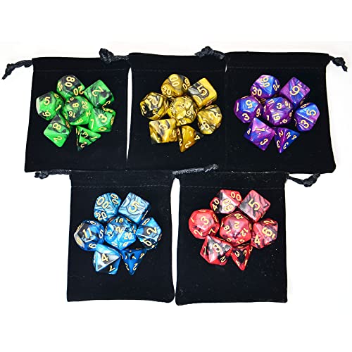 5 Sets of 7-Color Polyhedral Dice with Pouches