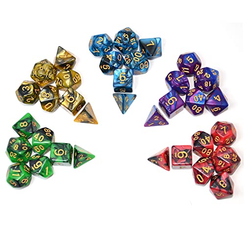 5 Sets of 7-Color Polyhedral Dice with Pouches