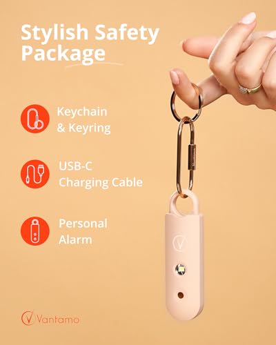 Vantamo Personal Alarm for Women - Extra Loud Double Speakers, First with Low Battery Notice with Strobe Light, Rechargeable - Safety Alarm Keychain