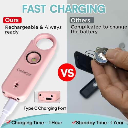 Rechargeable Personal Safety Alarm for Women, 135 dB Loud Self Defense Keychain Siren with LED Strobe Light, Personal Emergency Security Safe Devices Key Chain Alarms for Women Kids Elderly (Pink)