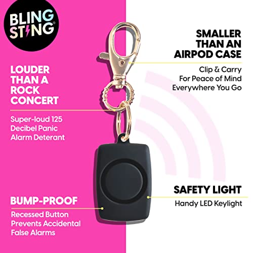 BLINGSTING Mini Personal Safety Alarm - 125 Decibel Self Defense Panic Alarm with Recessed Activation Button, LED Light & Keychain Clip - Black Soft Touch