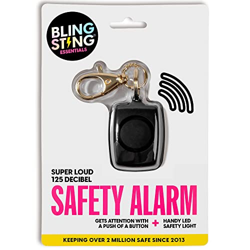 BLINGSTING Mini Personal Safety Alarm - 125 Decibel Self Defense Panic Alarm with Recessed Activation Button, LED Light & Keychain Clip - Black Soft Touch