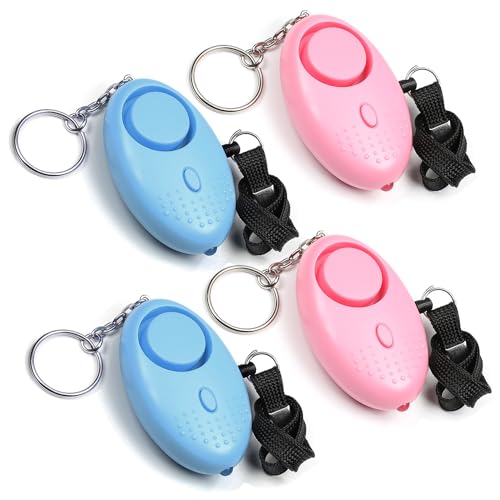 4 Pack Safe Sound Personal Alarm, Blue+Pink 130DB Personal Security Alarm Keychain w LED Strobe Light, Emergency Safety Alarm for Women, Men, Children, Elderly Light