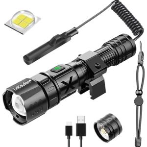 LeKaufen 10000 Lumens XHP70 Tactical Flashlight for Rifle - Picatinny Rails Mount Flashlight with Pressure Switch, 5 Modes Adjust Focus Rechargeable Picatinny Flashlight for Tactical Outdoor