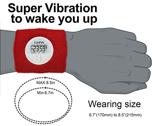 Coolfire Vibrating Alarm Clock - Silent Alarm Wristband Vibrating Alarm Watch. Silent Wrist Shock Alarm Clock. Vibration Alarm Bracelet Alarm Clock Deep Sleeper & Vibrate Alarm (red)