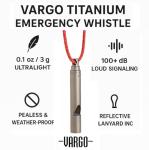 Vargo Titanium Emergency Whistle | 100+ Decibel Pealess Whistle, Ultralight .1 oz. (3 Grams) | Backpacking Survival Whistle with Reflective Lanyard | Hiking, Outdoors, Emergency Kit, T-416