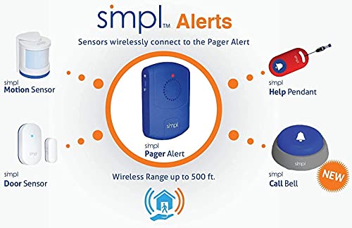 SMPL Alerts Wireless & Wearable Alerts Pager, Elderly Assistance, Caregiver Paging System, Security/Motion Sensors, Senior & Kids Safety, Live Technical Support