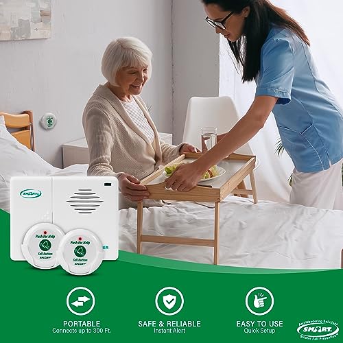 Smart Caregiver Two Call Buttons & Wireless Caregiver Pager for Fall Prevention and Elderly Assistance | Caregiver Call Button with Wearable Lanyard | Nurse Call Alert System with Up to 300' Range