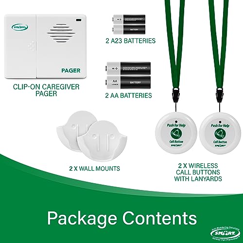 Smart Caregiver Two Call Buttons & Wireless Caregiver Pager for Fall Prevention and Elderly Assistance | Caregiver Call Button with Wearable Lanyard | Nurse Call Alert System with Up to 300' Range