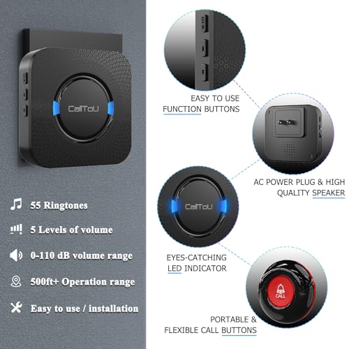 CallToU Caregiver Pager Wireless Call Bell Alert Button for Seniors/Elderly/Patients 1 Plugin Receiver 1 Waterproof Transmitter