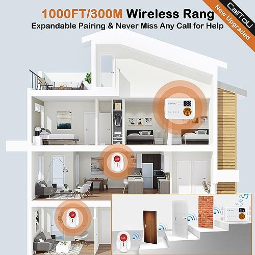 CallToU Caregiver Pager Wireless Call Button 1000FT for Elderly Monitoring Vibration Call Bell Medical Alert System with Digital Display Low Power Reminder 2 Portable Receiver 2 SOS Call Button
