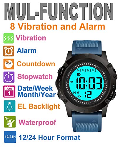 TICCI Men 8 Vibrating Alarms Watch Medication Aids Vibra Pill Alert Reminder for Elderly Seniors Big Digits Waterproof (Blue)