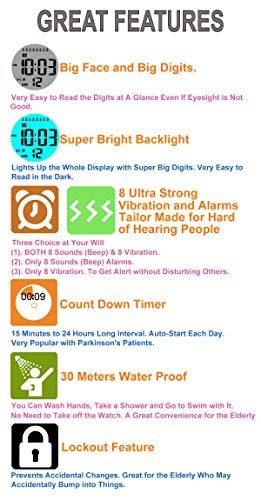 TICCI Men 8 Vibrating Alarms Watch Medication Aids Vibra Pill Alert Reminder for Elderly Seniors Big Digits Waterproof (Blue)