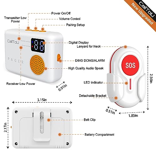 CallToU Caregiver Pager Wireless Call Button 1000FT for Elderly Monitoring Vibration Call Bell Medical Alert System with Digital Display Low Power Reminder 2 Portable Receiver 2 SOS Call Button