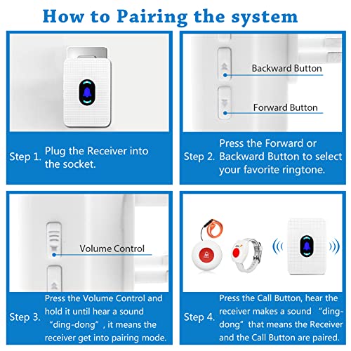 Daytech Wireless Caregiver Pager Call Button Elderly Nurse Alert System for Elderly Monitoring/Seniors with 2 SOS Call Panic Buttons & 2 Watch Pagers, 500+Feet 3 Receivers