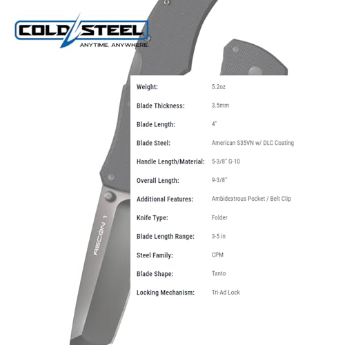 Cold Steel Recon 1 Series Tactical Folding Knife with Tri-Ad Lock and Pocket Clip - Made with Premium CPM-S35VN Steel, Tanto Half Serrated