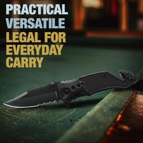 2.95” Serrated Blade Pocket Knife - Black Folding Knife with Glass Breaker and Seatbelt Cutter - Small EDC Knife with Pocket Clip for Men Women - Sharp Tactical Camping Survival Hiking Knives 6680