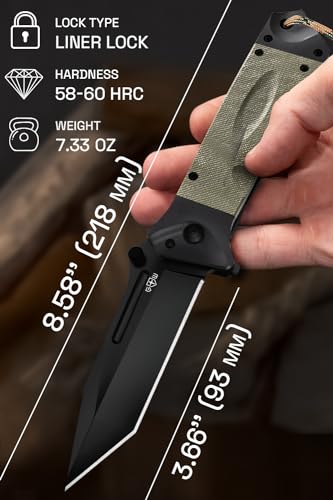 Grand Way Spring Assisted Knife – Survival Tactical Knife with Black Tanto Blade – Pocket Knives & Folding Knives for Hunting Camping Self Defense Military – Birthday Gifts for Men 6688 BG