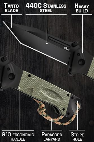Grand Way Spring Assisted Knife – Survival Tactical Knife with Black Tanto Blade – Pocket Knives & Folding Knives for Hunting Camping Self Defense Military – Birthday Gifts for Men 6688 BG