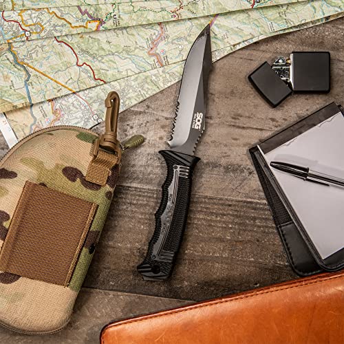 SOG Seal Strike Fixed Blade Knife with Sheath- Tactical and Hunting Knife with 4.9 Inch Partially Serrated Bowie Knife Blade and Survival Knife Line Cutter (SS1003-CP)