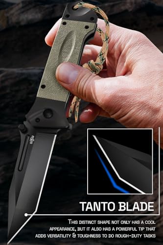 Grand Way Spring Assisted Knife – Survival Tactical Knife with Black Tanto Blade – Pocket Knives & Folding Knives for Hunting Camping Self Defense Military – Birthday Gifts for Men 6688 BG